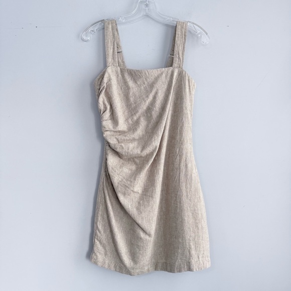 NWT Abercrombie & Fitch Linen Blend Ruched Square Neck Mini Dress Beige Size S - Picture 5 of 16